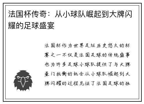 法国杯传奇：从小球队崛起到大牌闪耀的足球盛宴