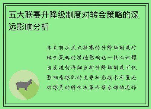 五大联赛升降级制度对转会策略的深远影响分析